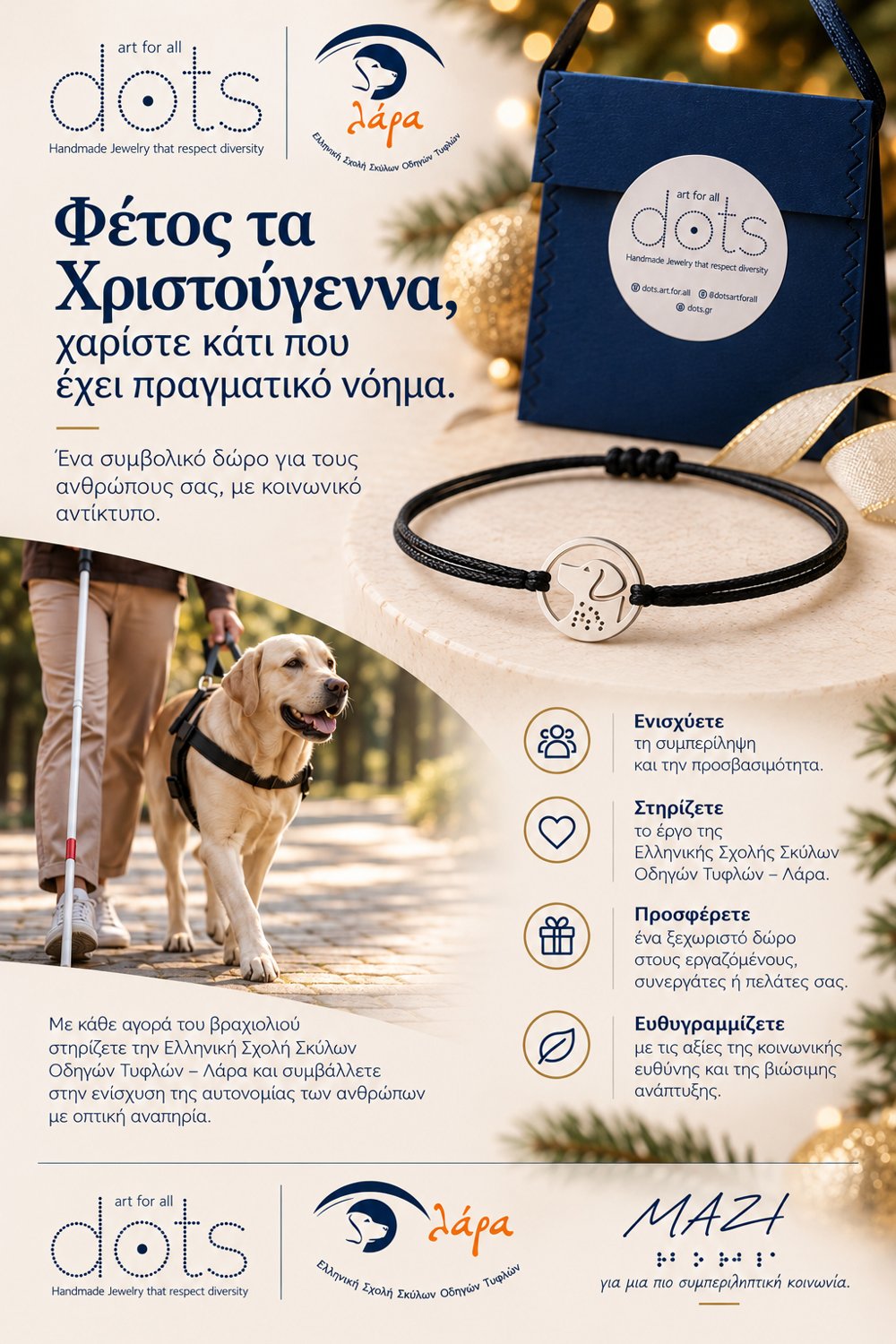 Αφίσα του βραχιολιού ΜΑΖΙ με σκίτσο σκύλου και τη λέξη σε Braille